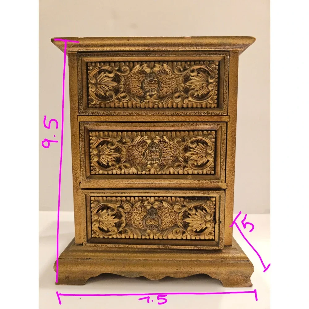 Vintage Royal Sealy Carved 3 Drawer Trinket Box Jewelry Music Box Gold Tone‎